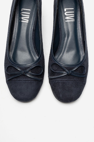Luvi Shoes Leslıe Lacivert Süet Fiyonklu Kadın Kalın Topuklu Ayakkabı