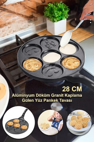 Nishev Emoji Gülen Yüz Alüminyum Döküm Granit Kaplama Pankek Tavası 28 Cm Siyah