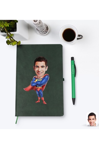 Kişiye Özel Süper Baba Karikatürlü Yeşil Termo Deri Defter Kalem