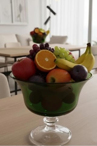 Renkli Büyük Ayaklı Meyve Kasesi, 27 Cm Çap, 25 Cm Yükseklik, Yeşil, Cam Diğer