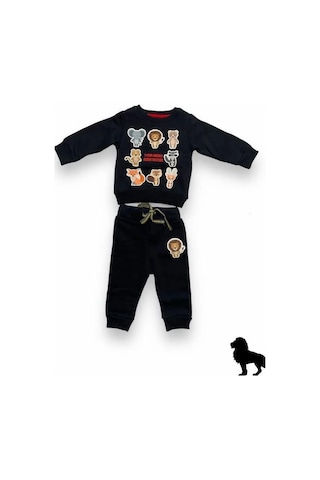 Erkek Bebek Hayvan Desenli Şardonlu Eşofman Takımı-14638 Lacivert