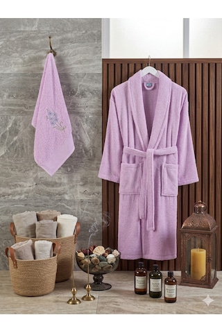 Premium 2'li Aile Bornoz Seti Çeyizlik Pamuklu Hediyelik Banyo Takımı S/m Leylak