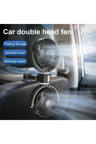 Motion003 1 Adet Siyah Çift Başlıklı Usb Araç Koltuk Fanı Katlanabilir Dönebilir Sessiz Güçlü Rüzgar Kamyonet Suv Sedan Yaz Seyahati