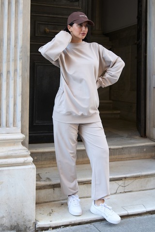 Mezka Regular Fit 2'li Takım Sweatshirt Beli Lastikli Jogger Eşofman Altı Bej