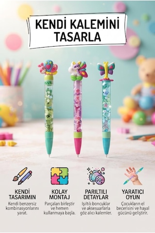 Clemento-ni Kendi Kalemini Tasarla Tak Çıkar Parlak Aksesuarlı 16 Cm Oyuncak 3'lü Kalem Seti