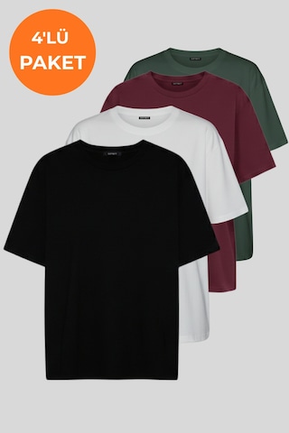 Soft&Basic Kadın 4'lü %100 Organik Pamuk Oversize Fit Basic Yuvarlak Yaka T-shirt Siyah-beyaz-bordo-haki
