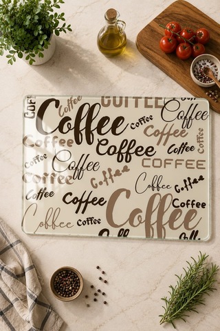 Gökçeoğlu Cam Kesme Tahtası Coffee Temalı - Cam Kesme Tablası 30cm X 40cm Çok Renkli