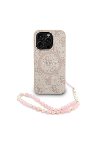 Apple Uyumlu iPhone 15 Pro Kılıf Guess Lisanslı M-safe Bilek Askı İpli Yazı Logolu Kapak Pembe