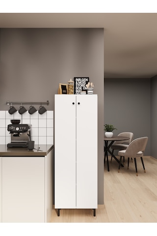 Ligno Mobilya Modern Çok Amaçlı Kiler Erzak Dolabı - 5 Raflı Geniş Mutfak & Banyo Düzenleyici, Robot Süpürge Uyumlu 147x50x30 Cm Beyaz