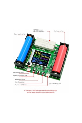 18650 Lcd Dijital Lityum Pil Kapasite Test Cihazı Type-c Beslemeli Lcd Ekranlı