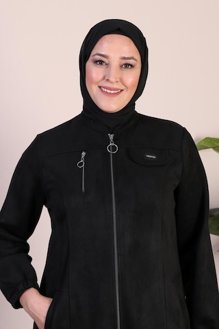 Ferace Tesettür Kadın Büyük Beden Boydan Göğsü Fermuarlı Uzun Tesettur Süet Pardesü
