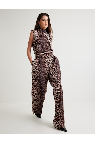 Koton Leopar Desenli Bluz Kolsuz Dik Yaka Pile Detaylı Bej Desenli 5wak60099uw