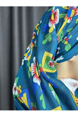 Çengelköy Desenli Pullu Yazma 100x100 Cm Etnik Çiçekli Başörtüsü Çeyizlik Ve Günlük Petrol Mavi