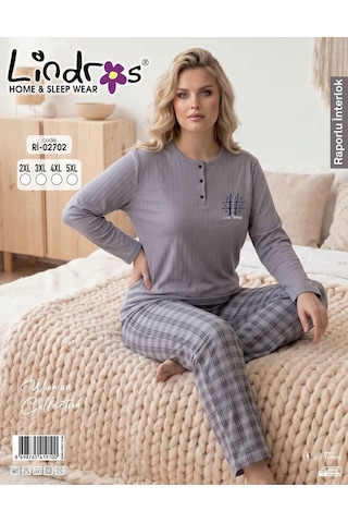 Boyraz Lindros Kadın Düğme Yaka Raporlu İnterlok Kışlık Battal Pijama Takımı 02702 - 1 Adet Füme