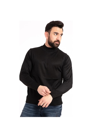 Nacar Store Erkek Siyah Ince Yünlü Yarım Boğazlı Triko Kazak