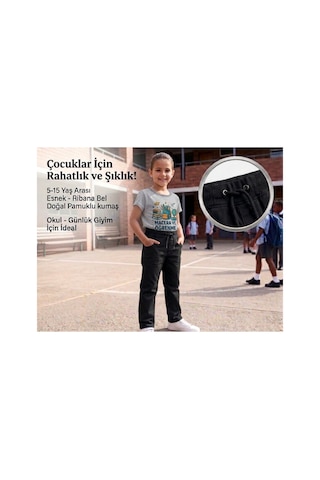 Erdem Kıds Unisex Erkek Kız Çocuk Ribana Bel Lastikli Boru Paça Kanvas-keten Keten Siyah Okul Pantolonu Siyah Siyah