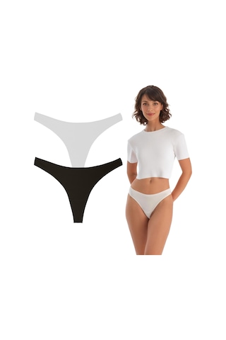 Kadın Pamuklu Basic Tanga Külot, 2'li Paket, Beyaz-siyah Beyaz - Siyah