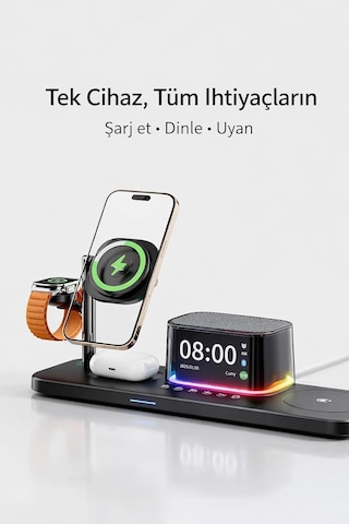 5 İ 1 Arada 25w Qi2 Kablosuz Şarj Standı Bluetooth Hoparlör Alarm Saat Led Gece Işığı