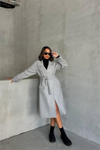 Neşeli Butik Kadın Astarlı Gri Melanj İthal Kaşe Kaban Nbg048 Gri Melanj