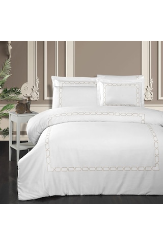 Conde Çerçeve Nakışlı %100 Pamuk Saten Çift Kişilik Nevresim Takı Bej