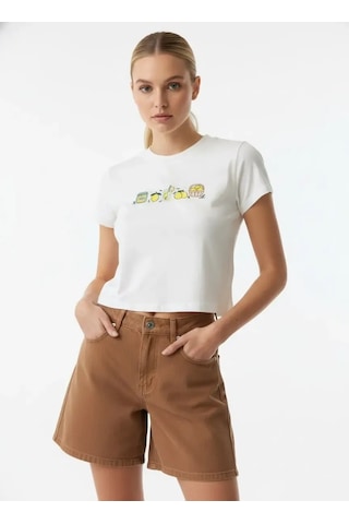 Park Karon 26025 Pamuk Desenli Crop Boy Bisiklet Yaka Örme Bluz Ekru 38