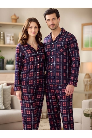 Rukod Kadın Kırmızı Siyah Ekose Desenli Süet Gömlek Yaka Düğmeli Uzun Altlı Pijama Takımı Lacivert