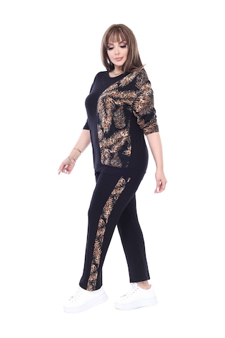 Melsay Butik Siyah Truvakar Kol Yarım Başak Garnili Viskon Büyük Beden Takım Siyah