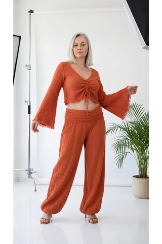 Byemelika %100 Pamuk, Bürümcük, Paça Lastik Detay Bohem Büstiyer & Pantolon Takım Turuncu
