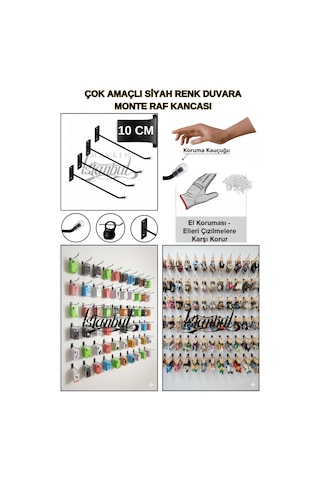 Duvara Monte Kanca Koruma Kauçuklu Siyah 10 Cm Deluxe Raf Askısı Ekstra Güçlü 85 Adet Siyah