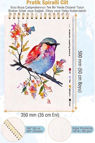 Telli Suluboya Eskiz Defteri 35x50 Cm 1 Adet Herboy 300 Gr Sulu Boya Eskiz Defteri Karakalem Çizim 12 Sayfa Dokulu Kağıt