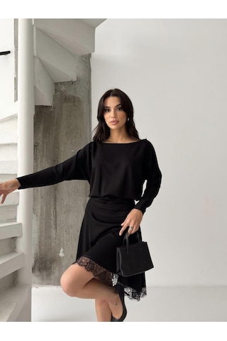 Kadın Dantelli Bel Drape Detaylı Kayık Yaka Modal Kumaş Midi Elbise Siyah