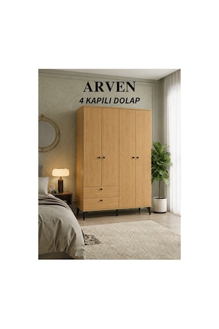 Arven 4 Kapılı 2 Çekmeceli Dolap, Gardrop Meşe