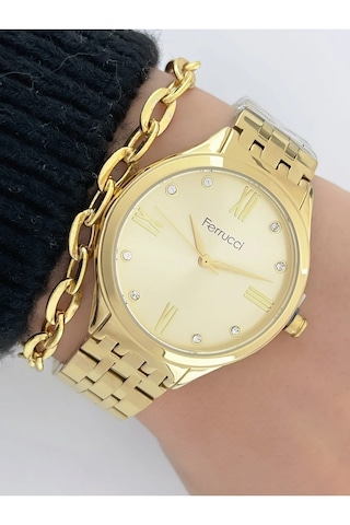 Ferrucci Gold Renk Çelik Şık Kadın Kol Saati+bileklik Hediye Gold