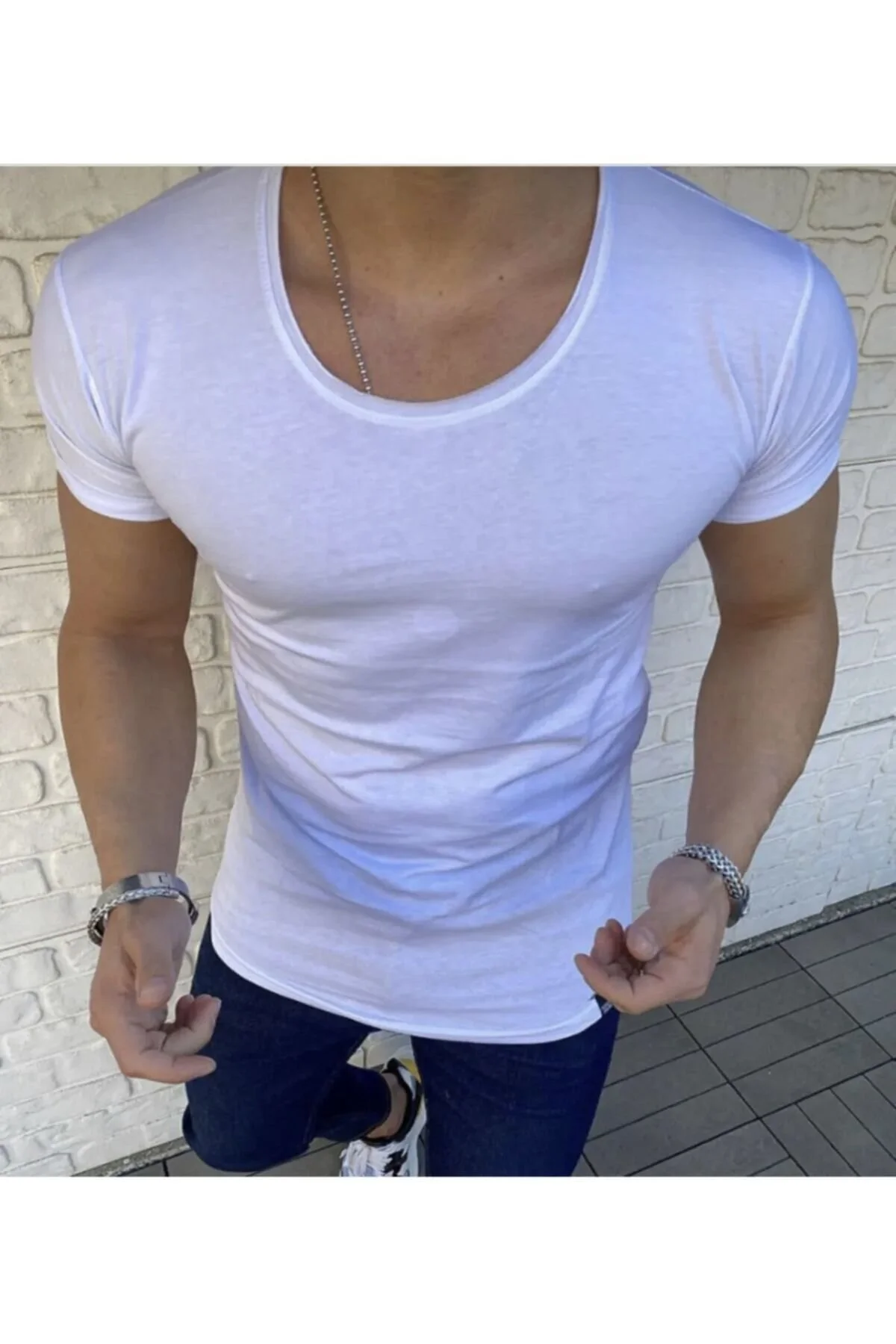 Erkek 2 Li Paket Oval Yaka Siyah Beyaz Tişört Açık Yaka Likralı Slim Fit T-shirt Beyaz - Siyah