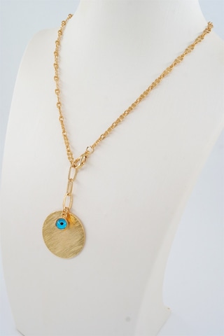 Kadın Özel Tasarım Nazar Boncuklu ve Yuvarlak Plakalı Kolye - ALTIN Gold