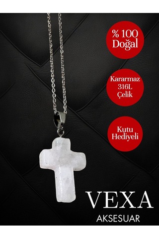 Kuvars Taşlı Haç Kolye - Kararmaz İthal Çelik Zincir - Özel Kutulu Hediyeli Gümüş