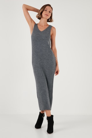 Lela V Yaka Fitilli Uzun Triko Bayan Elbise 4616169 Koyu Gri