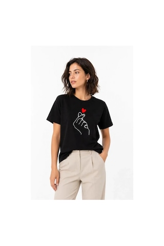 Efnaz Style Kore Parmak Kalp Aşk Temalı Minimal Baskılı Tişört Yazlık Kısa Kol T-shirt - Siyah