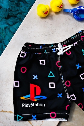 Mayom Erkek Çocuk Playstation Geometrik Baskılı Bel Bağcıklı Deniz Şortu-siyah Siyah