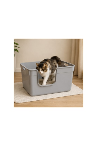 Pribor Yüksek Kenarlı Yarı Açık Kedi Tuvaleti, Geniş Ve Kolay Temizlenebilir 54 X 40 X 32 Cm Gri