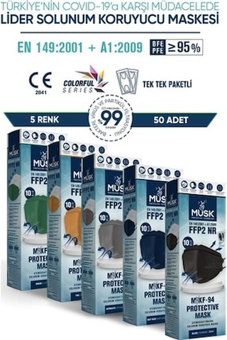 Musk Kf94 Kore Tipi N95 Maske 5 Renk 50 Adet (Lila, Sarı, Turkuaz