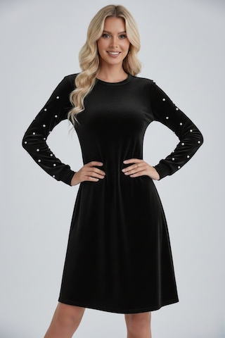 Defymoda Kadın A Form Uzun Kollu İnci Detaylı Kadife Elbise Siyah