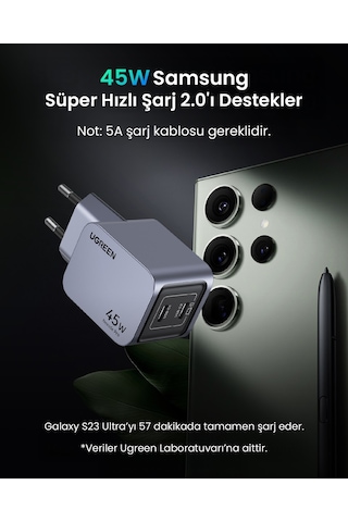 Ugreen Nexode Pro 45w Gan Hızlı Şarj Cihazı Usb-c Qc Pd 2xusb-c, Uzay Grisi, 35008