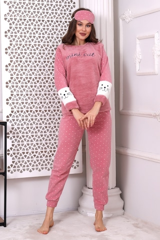 Fawn 3012 Peluş Welsoft Polar Kışlık Pudra Kadın Pijama Takımı Pudra