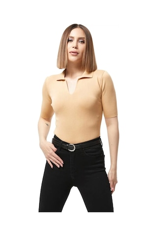 Defymoda Gömlek Yaka Yazlık Triko Bluz Bej