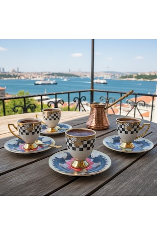 Deconox 6 Kişilik Ayaklı Porselen Türk Kahvesi Fincan Takımı - Siyah Beyaz Damalı Ve Gold Varaklı, Renkli Çiçek Çok Renkli