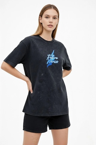 Primemagazam Kadın Asit Yıkamalı Oversize Tişört Bisiklet Yaka Kısa Kol T-shirt - Siyah Çeşitli
