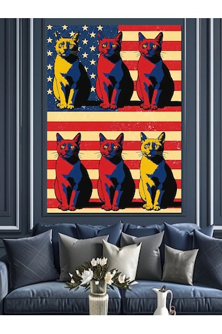 Renkli Kedi Pop Art Dekoratif Kanvas - Mdf Ahşap Tablo
