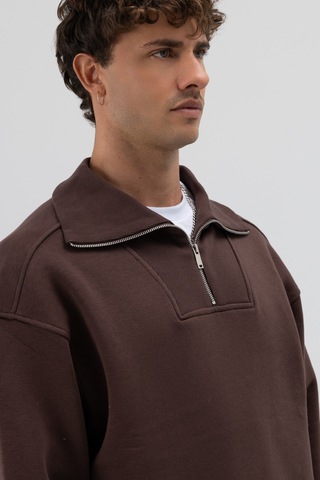 Vamos Basic Fermuarlı Dik Yaka Sweatshirt Kahve