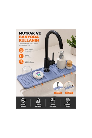 Silikon Lavabo Musluk Altı Matı Drenaj Kanallı Tezgah Koruyucu Ve Düzenleyici Mutfak & Banyo Lavabo Matı Çok Renkli